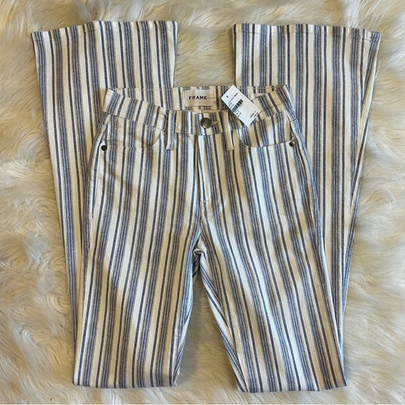NEW FRAME Le High Flare White Blue Striped Bootcut Jeans Size 24 - Picture 1 of 10